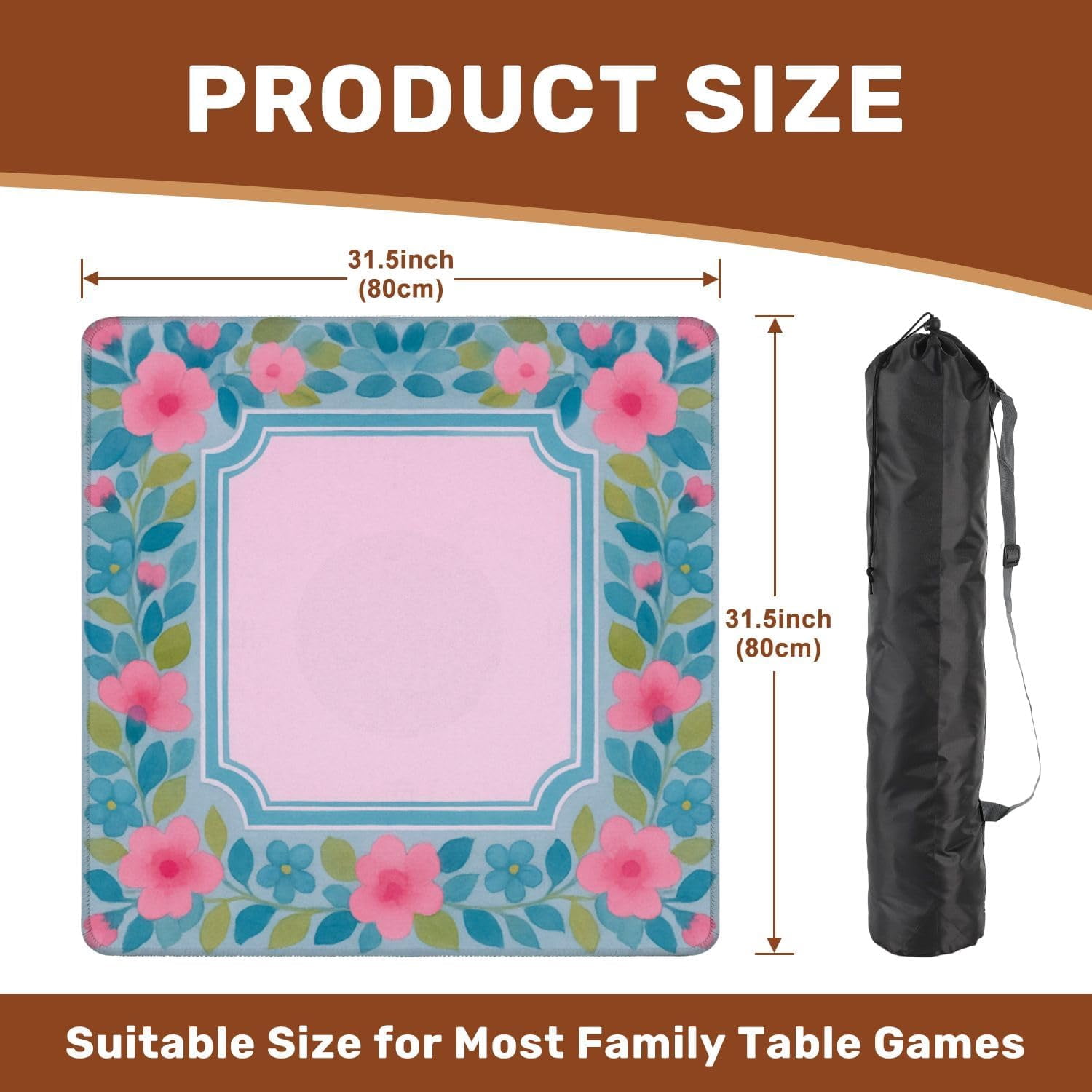 Mahjong Mat with Carrying Bag 31.5" x 31.5" Non-Slip Noise Reduction Floral Frame Pink Blue Flowers Soft Pink Table Mat for Mahjong Poker Dominoes Card Board Tile Games