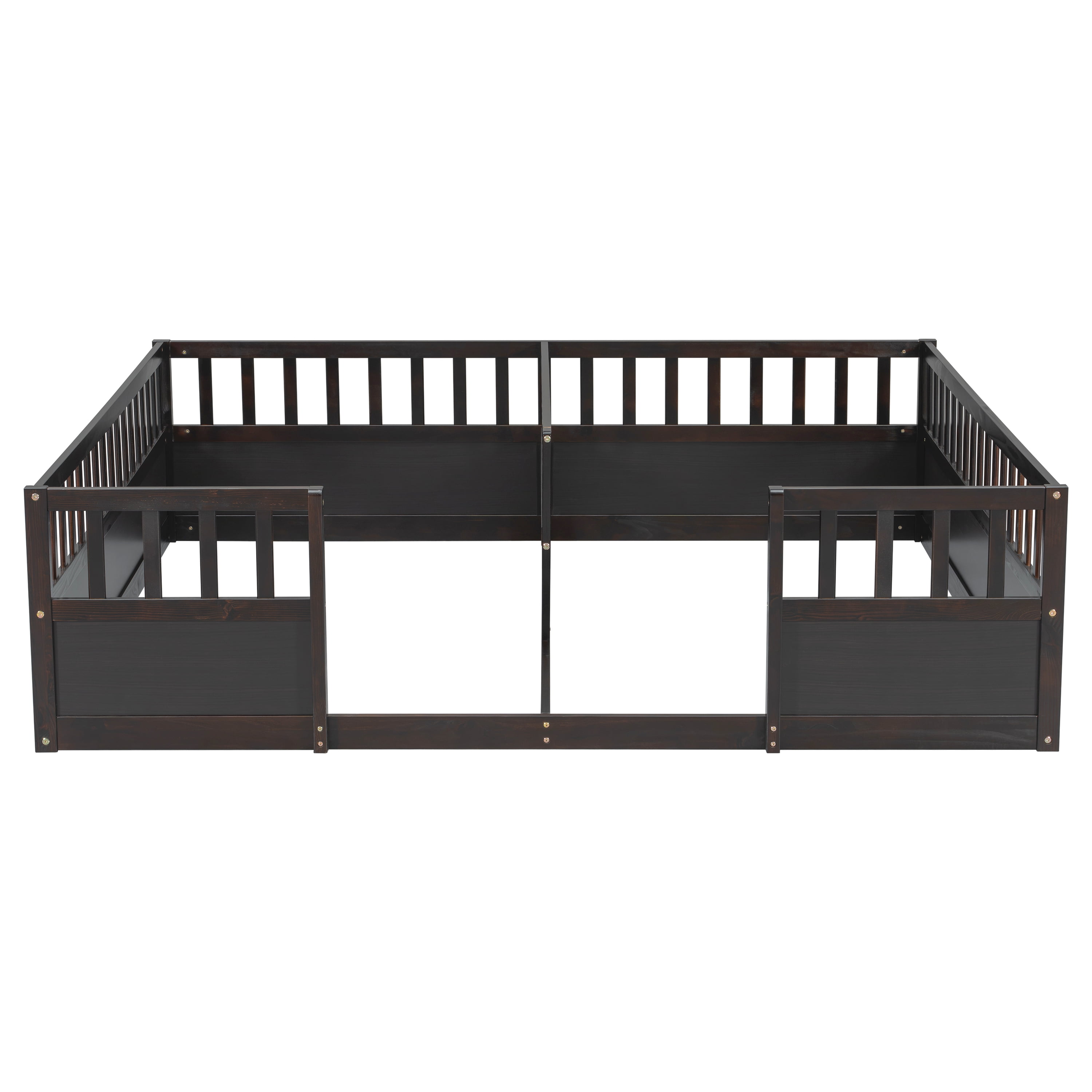 Double Twin Floor Bed 81.2 Inch, Pine Wood Bed Frame with Semi Enclosed Guardrails for Two Kids, Espresso