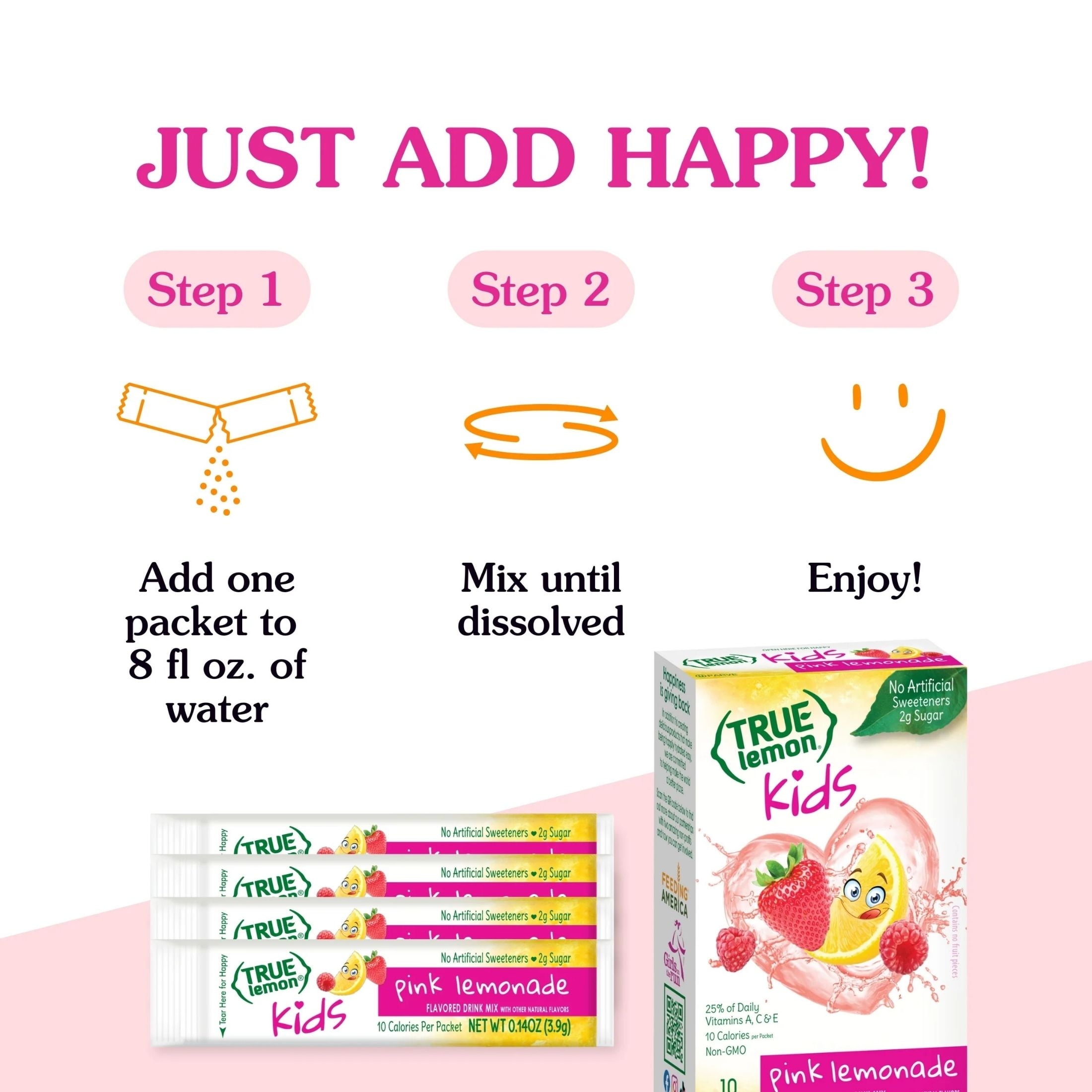 (12 pack) True Lemon Kids Pink Lemonade Powdered Drink Mix, Low Sugar, No Artificial Sweeteners, 10 Count Box