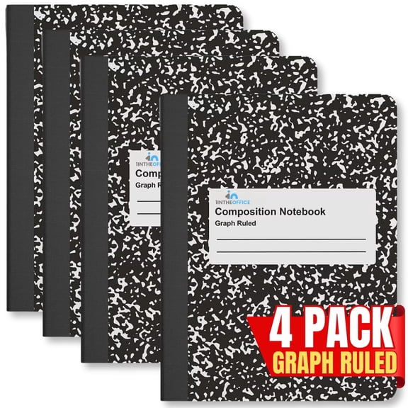 1InTheOffice Graph Paper Composition Notebook, Graph Ruled notebook, Quad Ruled Composition Notebook, 80 Sheets, 7.5" x 9.75", Black, 4 Pack