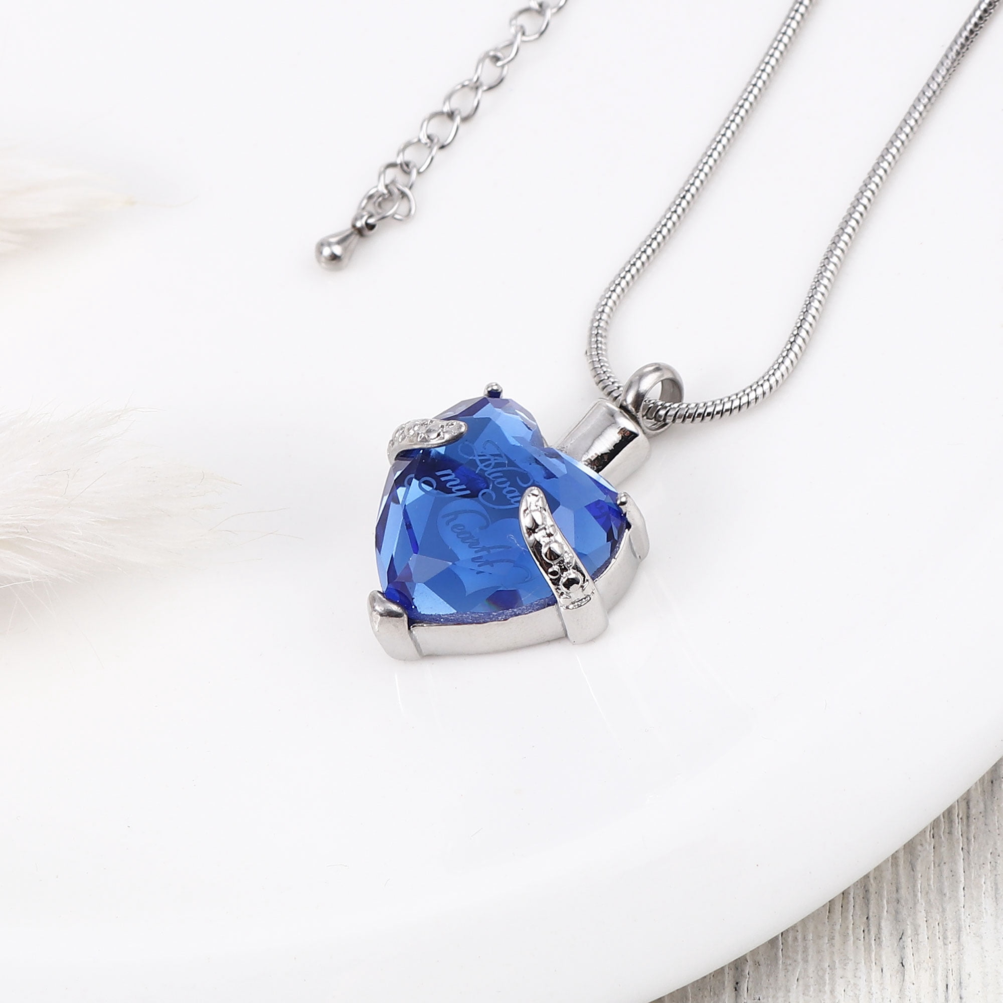 Women's Blue "Always in My Heart" Rhinsestone Heart Cremation Urn Necklace for Ashes Funeral Remembrance Urn Jewelry Memorial Pendant with Free Fill Kit and Gift Box