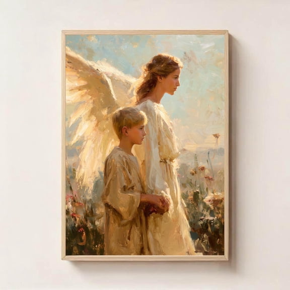 Guardian Angel And Boy Art – Heavenly Protection Print, Spiritual Wall Decor, Child And Angel Poster, Christian Nursery UNFRAMED Poster, Wall Art for Decor, Present, 8x12