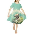 thumbnail image 2 of Yuyamidu Pug Short Sleeve Dresses Cute Dog Knee Length Summer Sundress Outdoor Play Tour Twirly Skater Dress Novelty Teen Kids Flared Dress for Girls 7-8, Green, 2 of 6