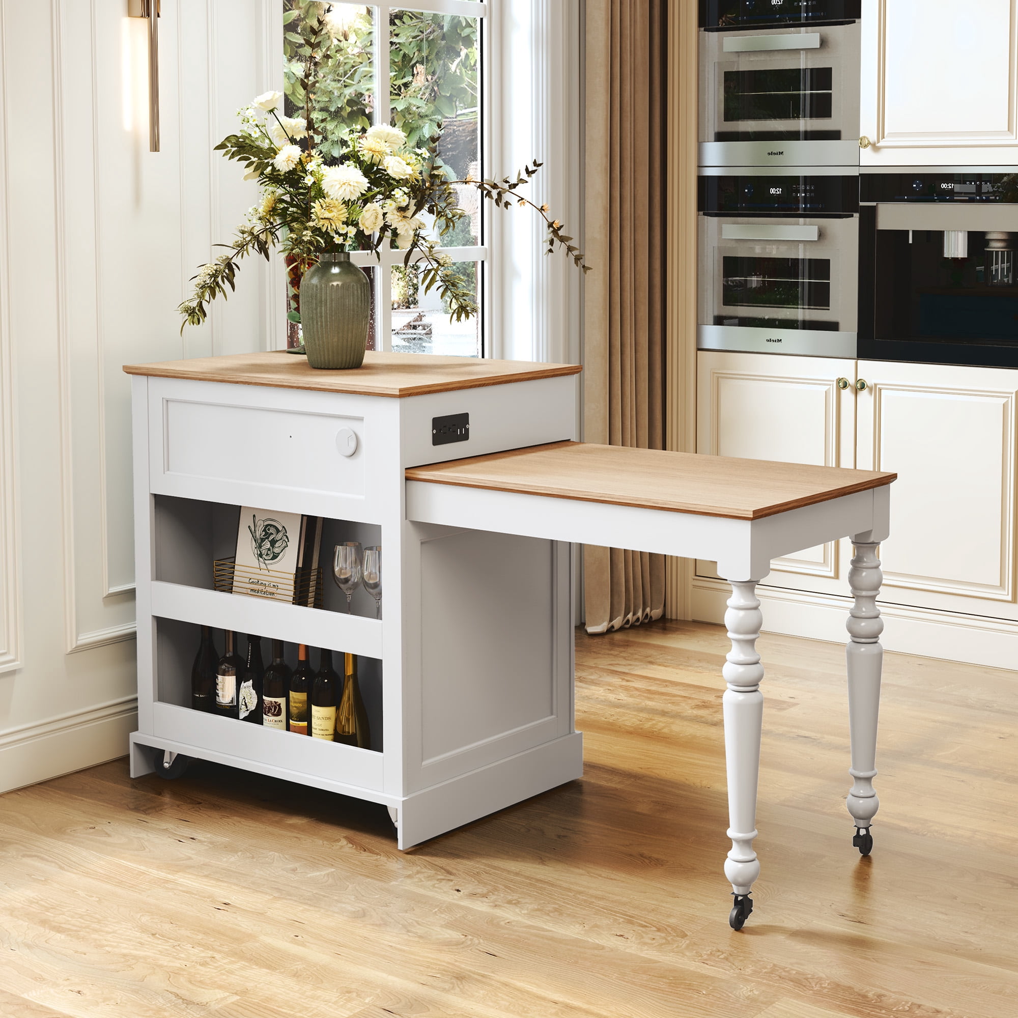HLR 78.74" Mid-Century Extendable Kitchen Islands on Wheels with Roman column legs, Dining Table Cart with Storage, White