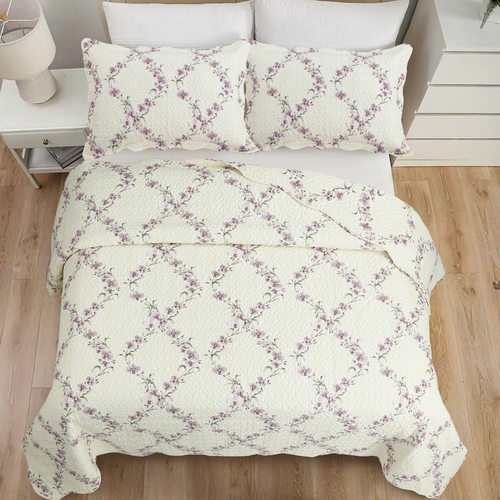 Marina Decoration Rich Printed Embossed Pinsonic Coverlet Bedspread Ultra Soft Home Bedding 3 Piece Summer Quilt Set with 2 Embossed Shams, Purple Orchid Cream Pattern King Size