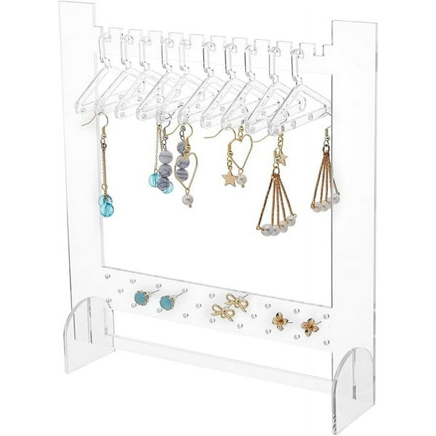 Exhibidor de aretes de acrílico transparente con 10 perchas para ropa. Soporte para aretes de botón. Organizador de plástico para exhibir joyas.