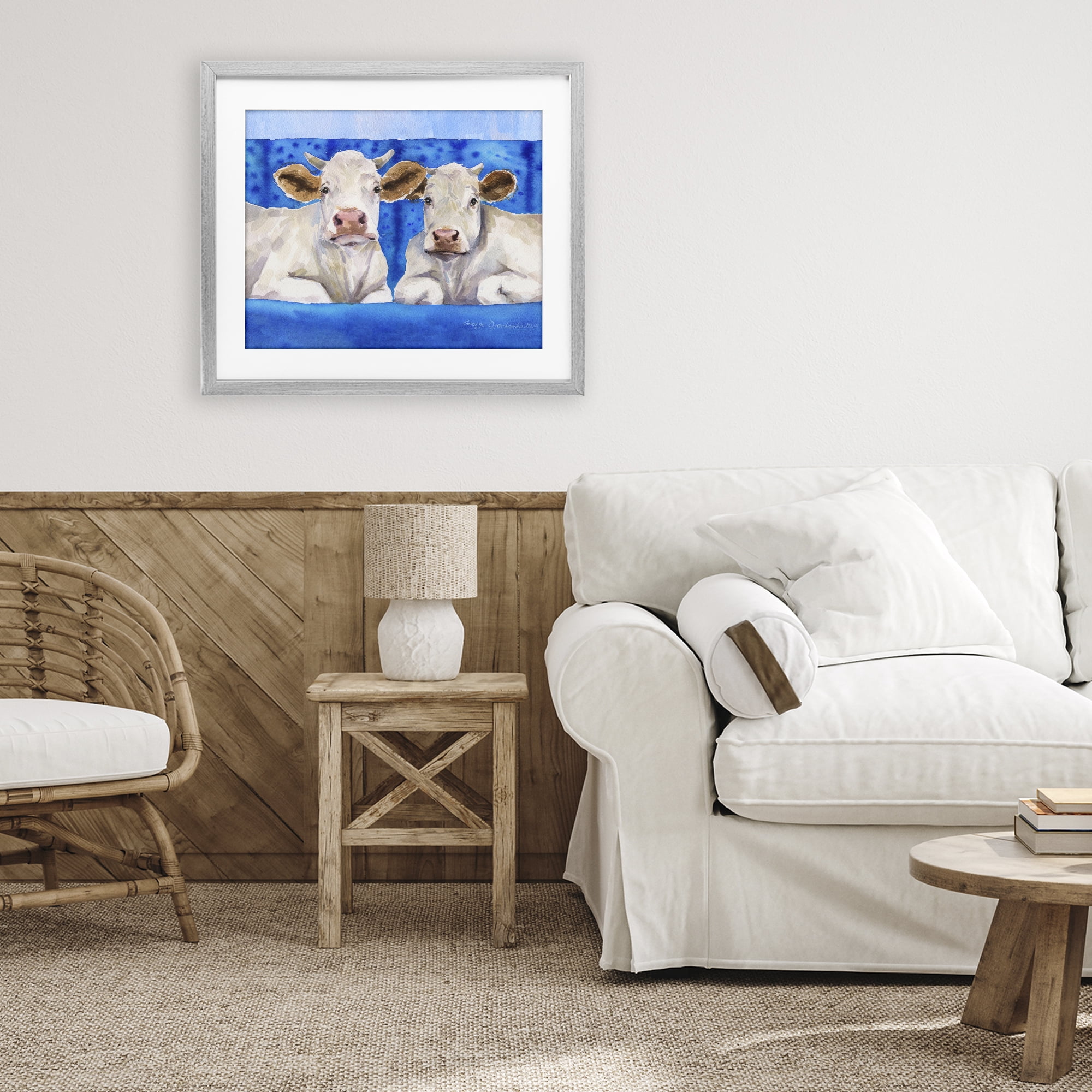 Stupell Industries White Cows on Blue Sofa Gray Framed Print Under Glass, design by George Dyachenko