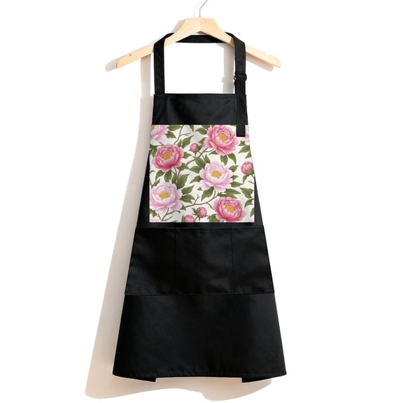 RKSupls Waterproof Bib Apron with 3 Pockets, Pink Peony Adjustable Neck Strap Soft 100% Polyester Water Resistant Apron for Kitchen Restaurant Home Use