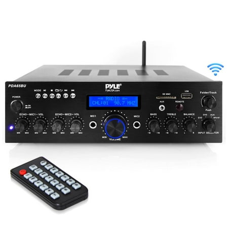 PYLE PDA65BU - Compact Home Theater Amplifier Stereo Receiver with Bluetooth Wireless Streaming, Independent Mic Echo & Volume Control, MP3/USB/SD/AUX/FM Radio, AV Inputs (200 (Best Budget Receiver Under 200)