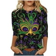 thumbnail image 2 of successthop Mardi Gras 3/4 Womens Shirts Casual Plus Size Crew Neck Polyester Casual Mask Printed Mardi Gras Celebrations Blouse Tops for Mardi Gras Event Purple L, 2 of 5