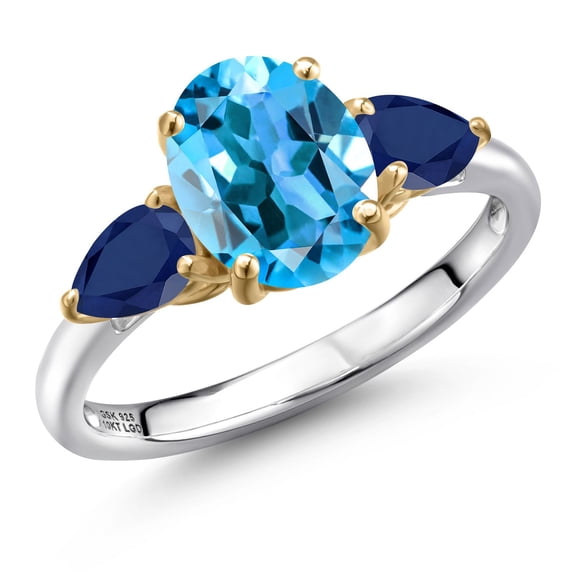 Gem Stone King 925 Silver and 10K Yellow Gold Swiss Blue Topaz and Blue Sapphire Engagement Ring for Women | 3.25 Cttw | Oval 9X7MM | Gemstone November Birthstone | Size 8