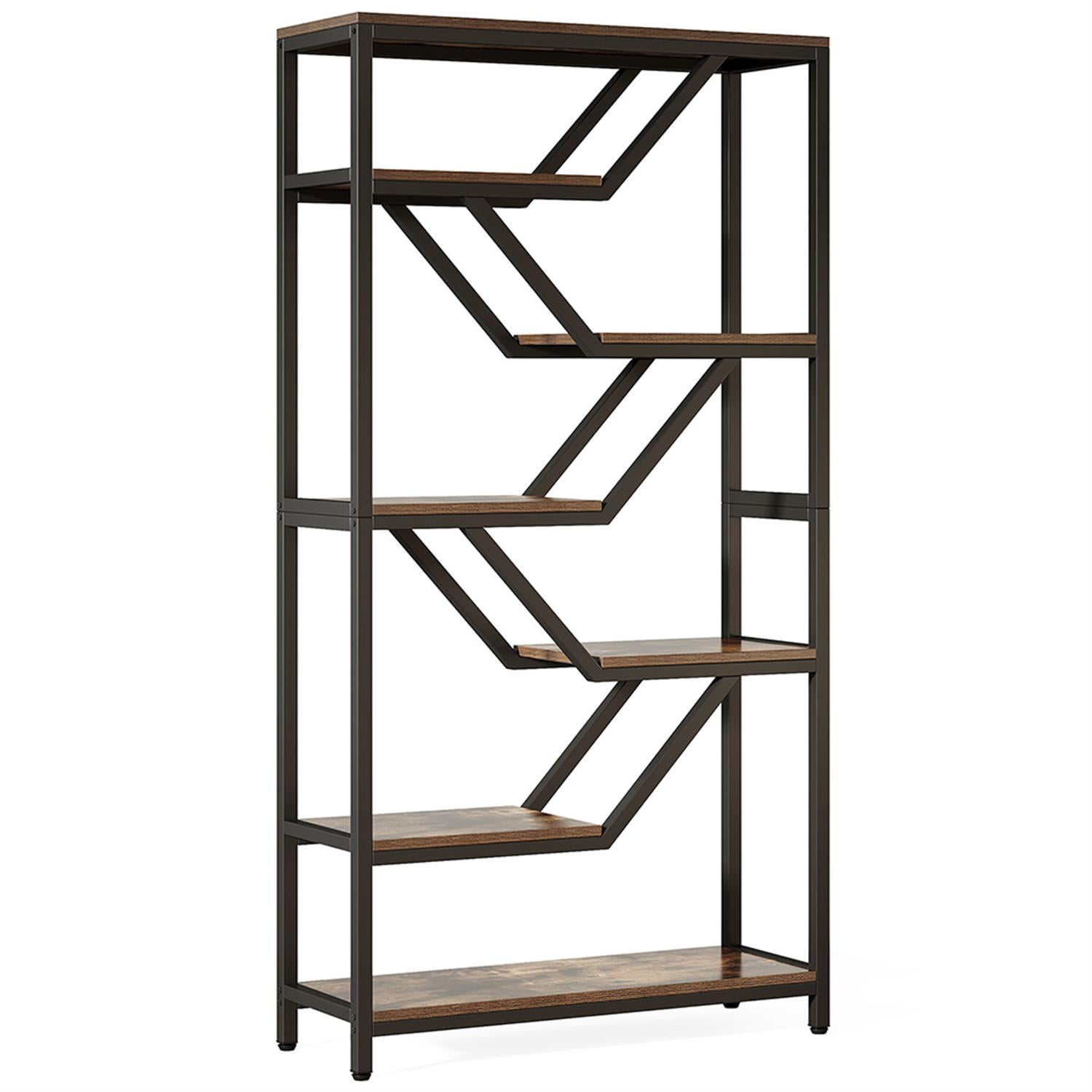 Demi Bonn 6 Tier Open Bookshelf, Wood and Metal Bookcase Storage Organizer, 72" Talldustrial Display Standing Shelf Unit for Bedroom, Living Room, Brown
