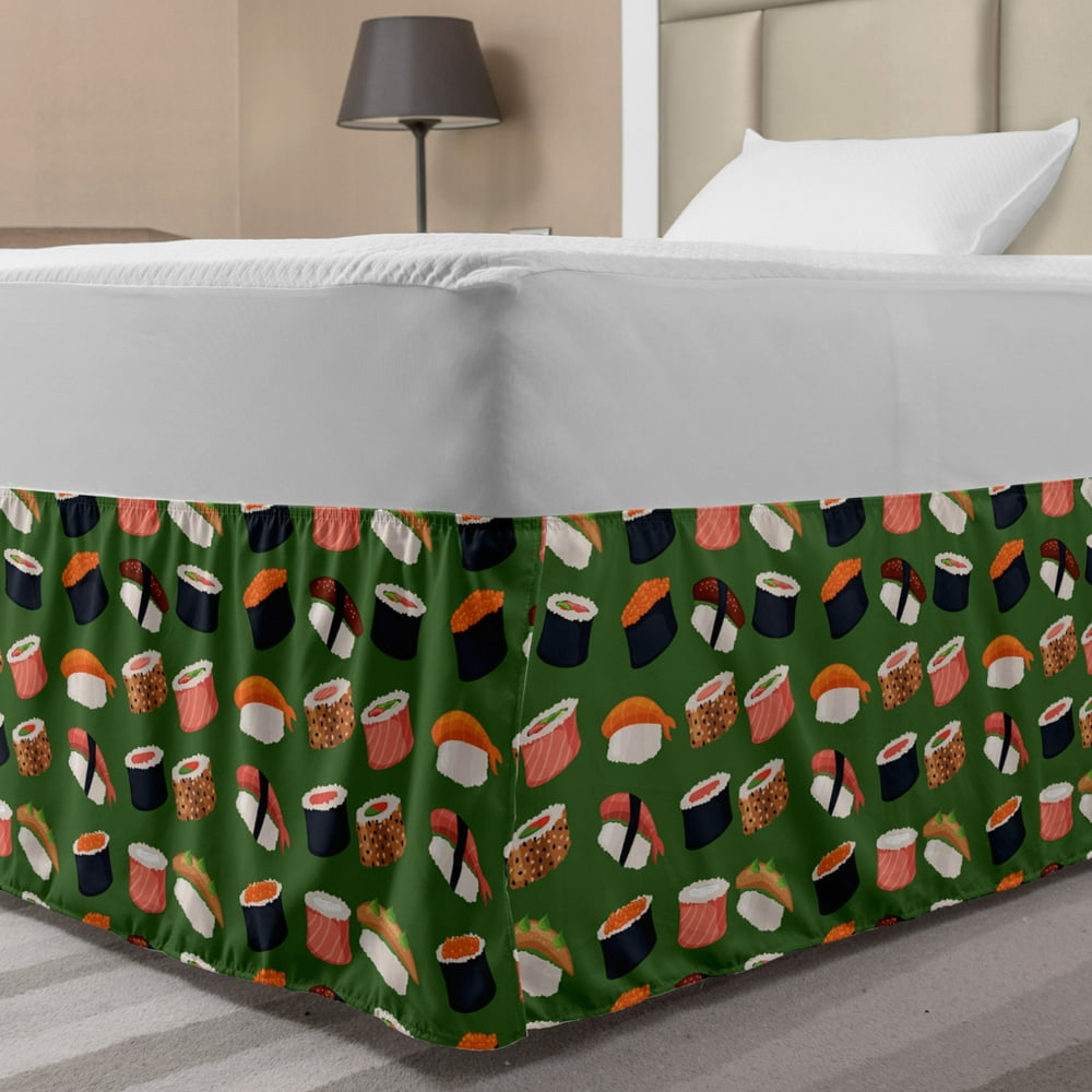 Sushi Bed Skirt, Seafood Themed Traditional Sushi Rolls Consisting of