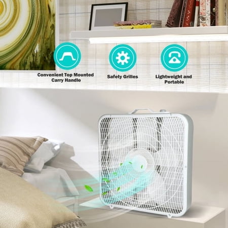 InfiniPower 20” Box Fan, 3-Speed Cooling Table Fan with Aerodynamic Shaped Fan Blades, Convenient Carry Handle and Safety Grills, For Home Office Color: White