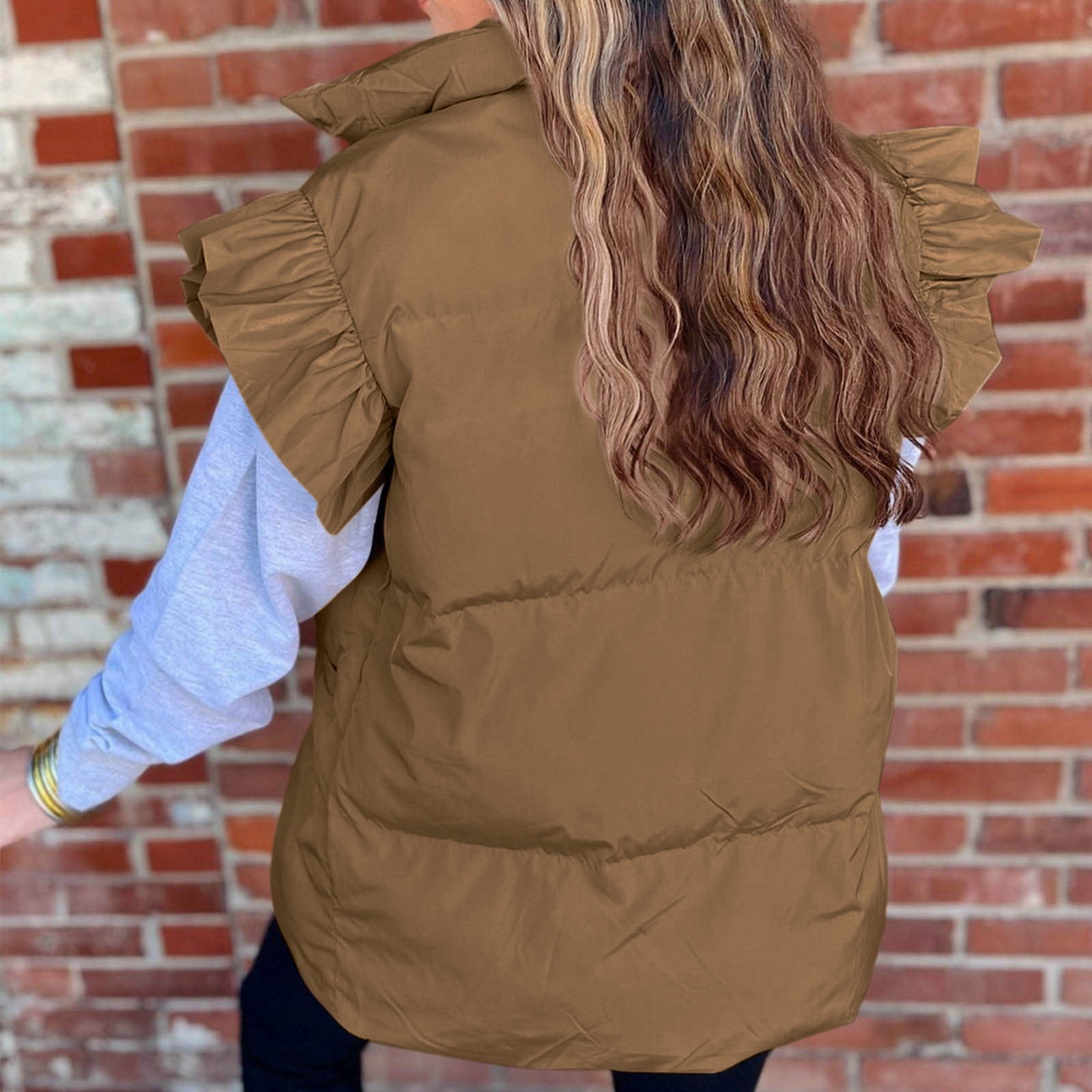 Lenpel Women's Padded Vests Button down Ruffle Sleeveless Puffer Jackets Lightweight Winter Coat with Pockets