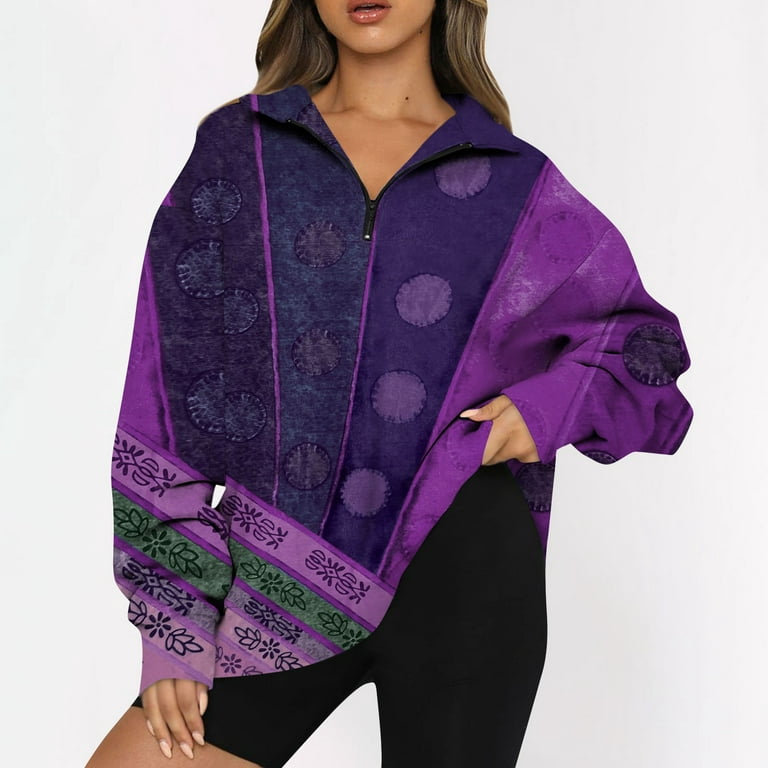 Sksloeg Womens Sweatshirts No Hood Half Zip Aztec Ethnic Printed Fleece  Pullover Winter Clothes Quarter Zip Up 2024 Outfits Sweater,Purple 3XL 