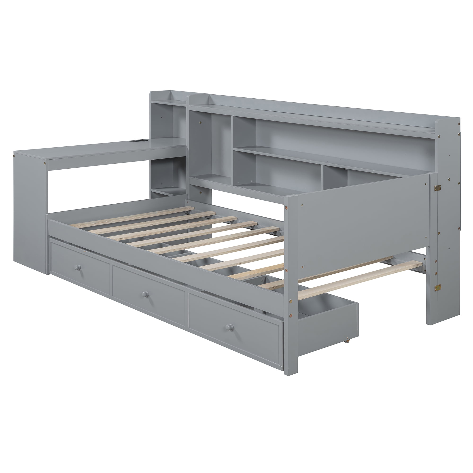 Mintazer Twin Platform Bed with Desk & Charging Ports, Wooden Bed Frame with Storage Shelves & 3 Drawers for Bedroom Playroom Guest Room, Grey