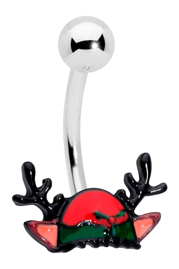 Womens 14G 316L Stainless Steel Navel Ring Piercing Red Reindeer Antler Hat Belly Button Ring