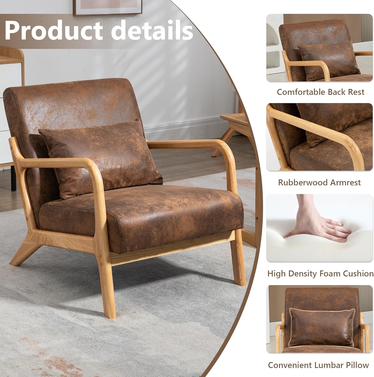MOONMISS Mid-Century Modern Accent Chair, Velvet Fabric Arm Chair with Wood Frame and Pillow, Upholstered Armchair Comfort Reading Chair Lounge Chair for Living Room Bedroom Sunroom,Brown