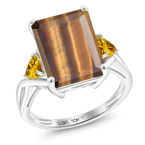 Gem Stone King 10K White Gold Brown Tiger Eye and Yellow Citrine 3 Stone Engagement Ring for Women (6.92 Cttw, Emerald Cut 14X10MM, Trillion 4MM, Size 5)