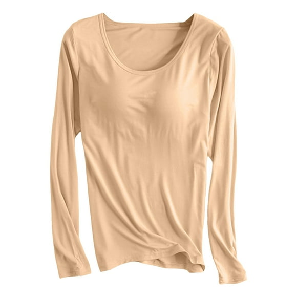 Women T Shirts Thin Velvet Body Shaping Long Sleeved With Chest Pad Bra Cup Pajamas Oversized Tshirts Light Yellow M