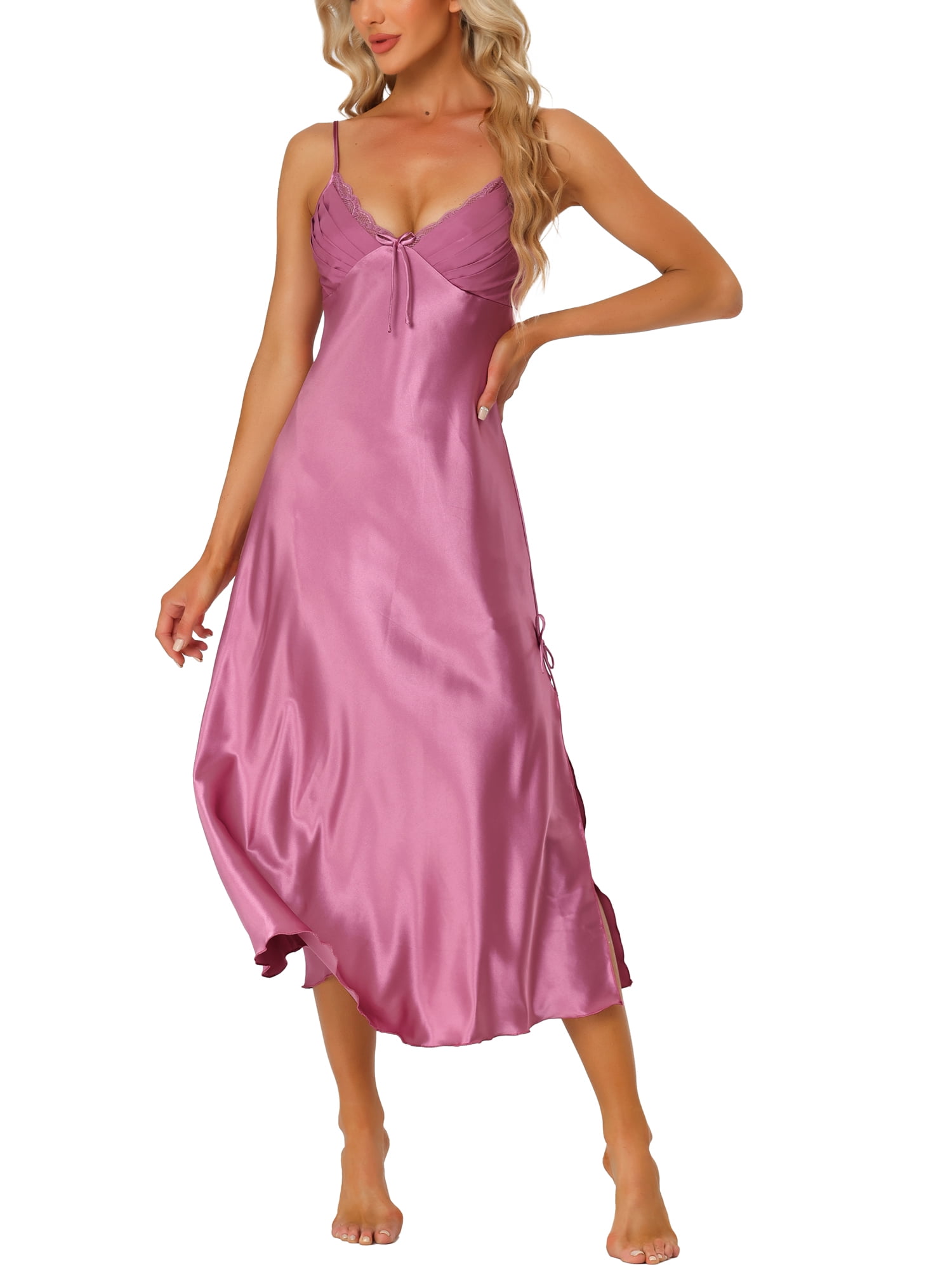 Unique Bargains Women's Satin Pajama V Neck Sexy Nightdress Soft Midi Lounge Dress
