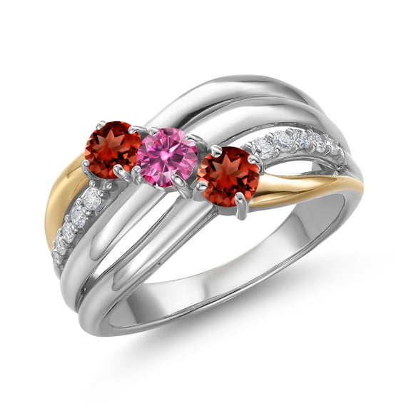 Gem Stone King 925 Silver and 10K Yellow Gold Red Garnet and Pink Moissanite and Lab Grown Diamond Engagement Ring for Women | 1.12 Cttw | Round 4MM | January Birthstone | Size 8