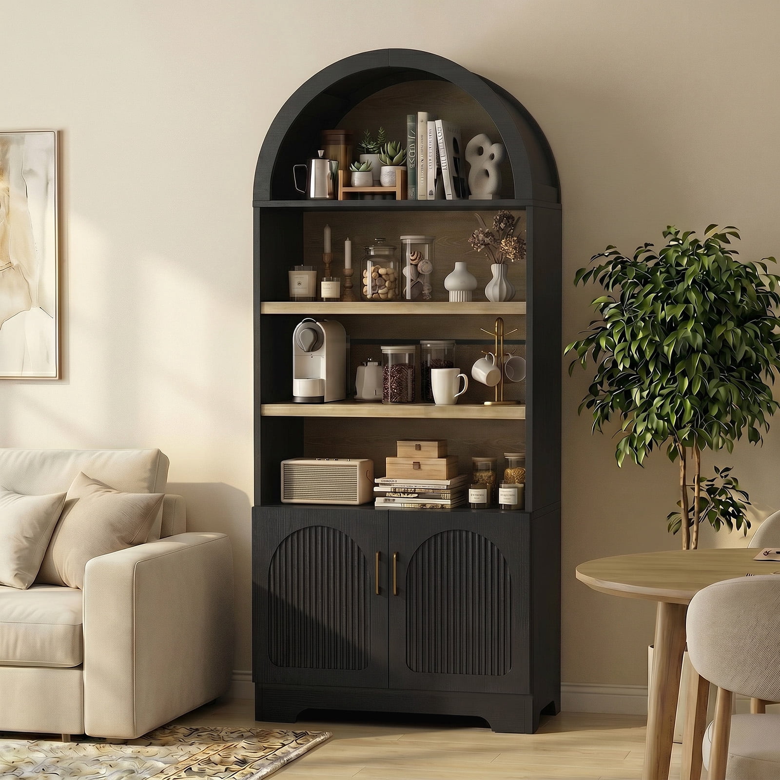 Bestier 71" Tall Kitchen Pantry Storage Cabinet, 4-Tier Arched Bookshelves with 3 Adjustable Shelves & 2 Doors, Display Shelf with Storage for Living Room Home Office, Black