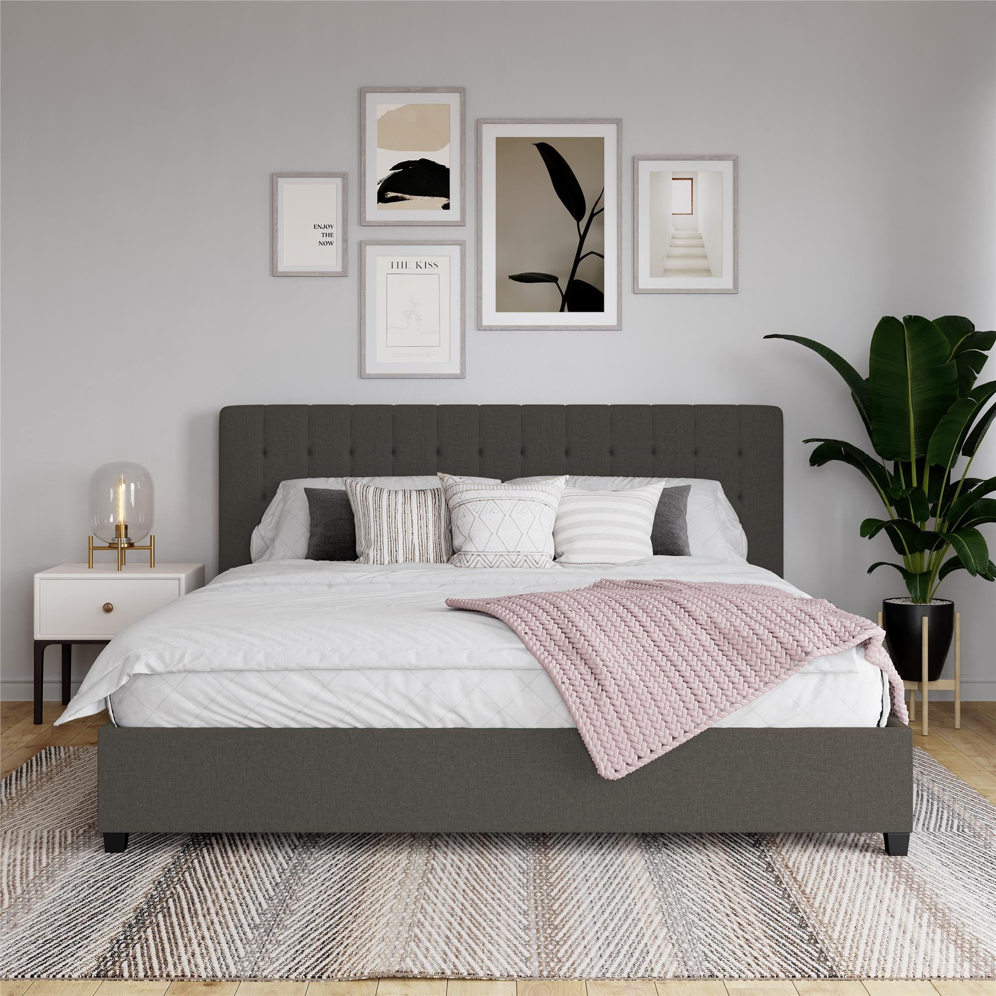 DHP Emily Upholstered Bed, Gray Linen, King