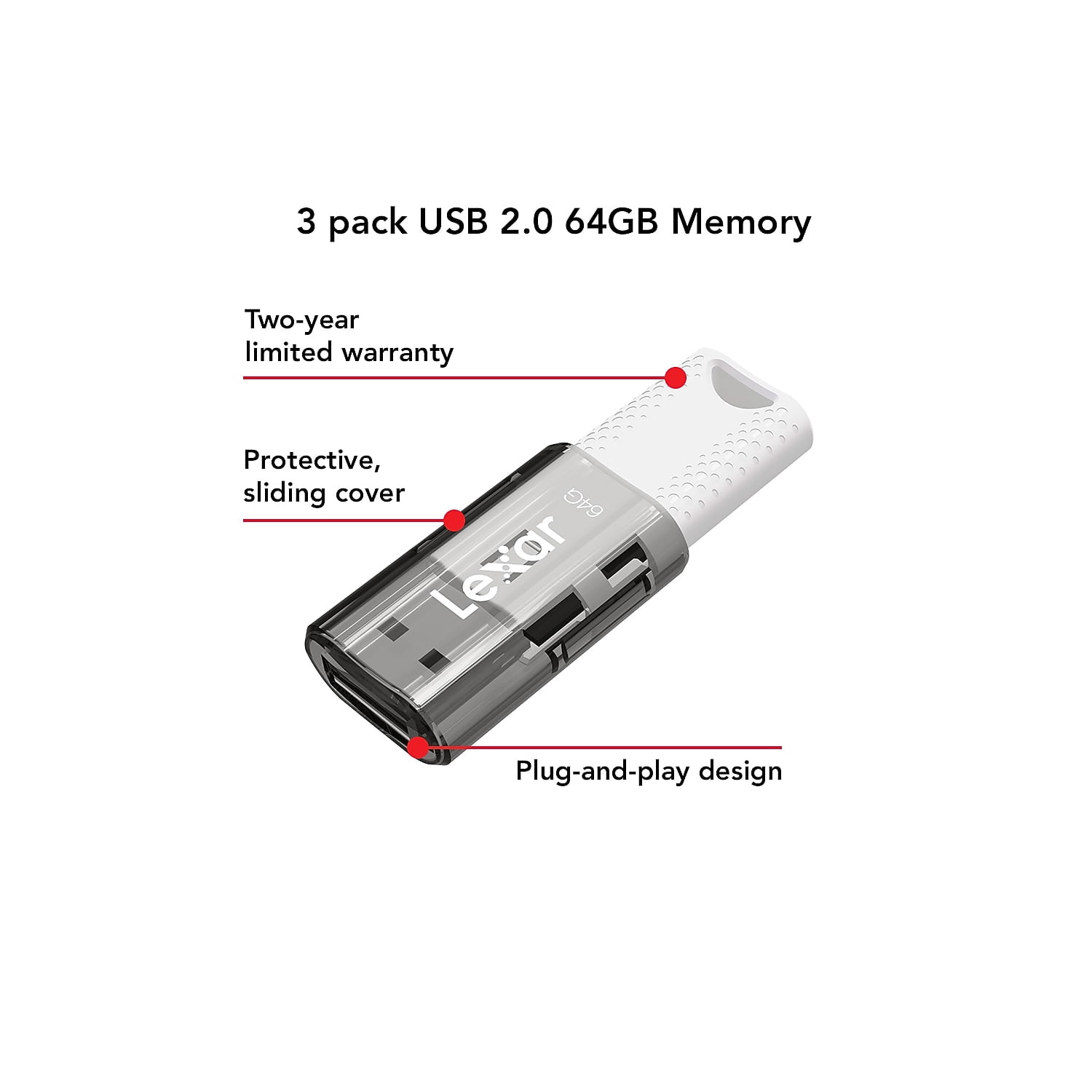 Lexar® JumpDrive® S60 USB 2.0 Flash Drives, 64GB, Black Pack Of 3 Flash Drives
