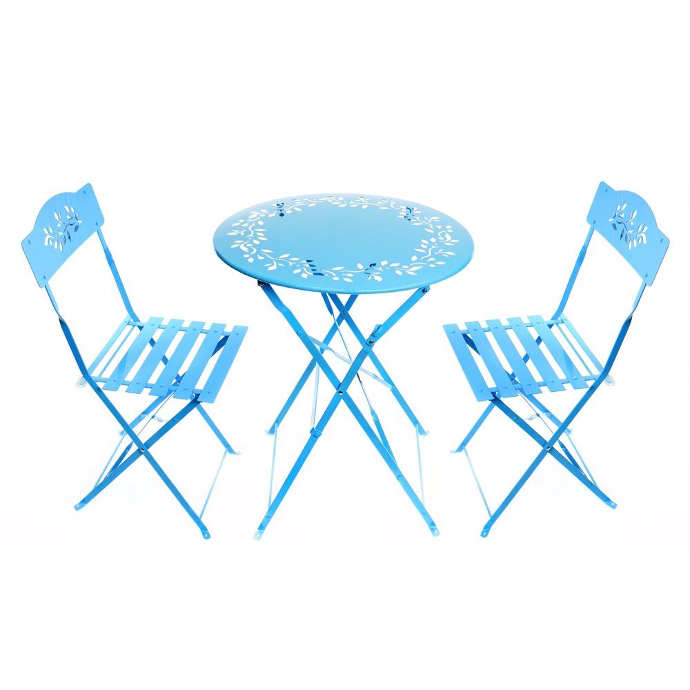 Blue Metal Bistro Set Table and Two Chairs