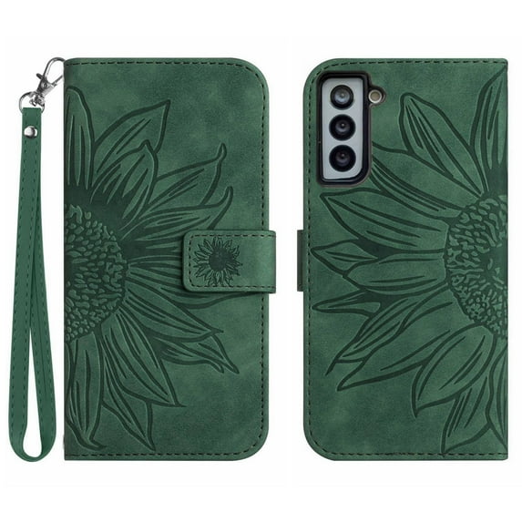 Mantto for Samsung Galaxy S22 6.1 inch Wallet Case with Wrist Strap,Stylish Sunflower Embossed PU Leather Shockproof Protective Magnetic Flip Stand Card Slots Protective Phone Cover,Green