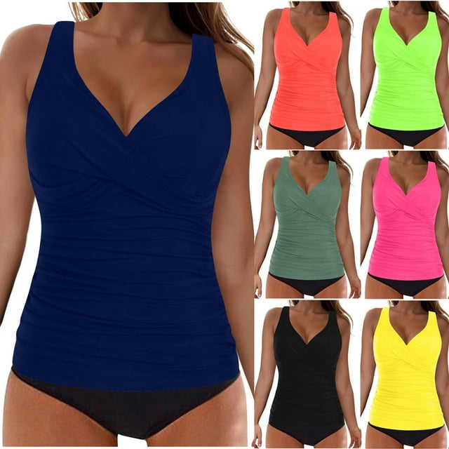 yoeyez Women's Ruched Tankini Swimsuits Two Piece Modest Swim Suits Twist V Neck Wrap Swim Tops with Bottom Shorts Tummy Control Bathing Suits Swimwear,Green,S