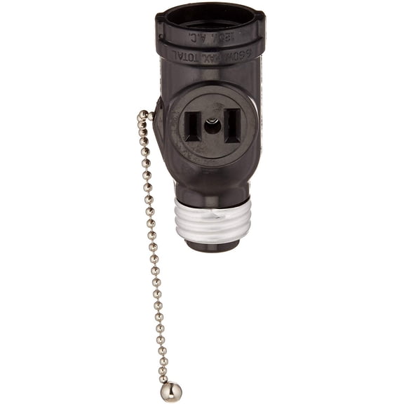 Leviton 1406 660 Watt, 125 Volt, Two Outlet with Pull Chain Socket Adapter, Black