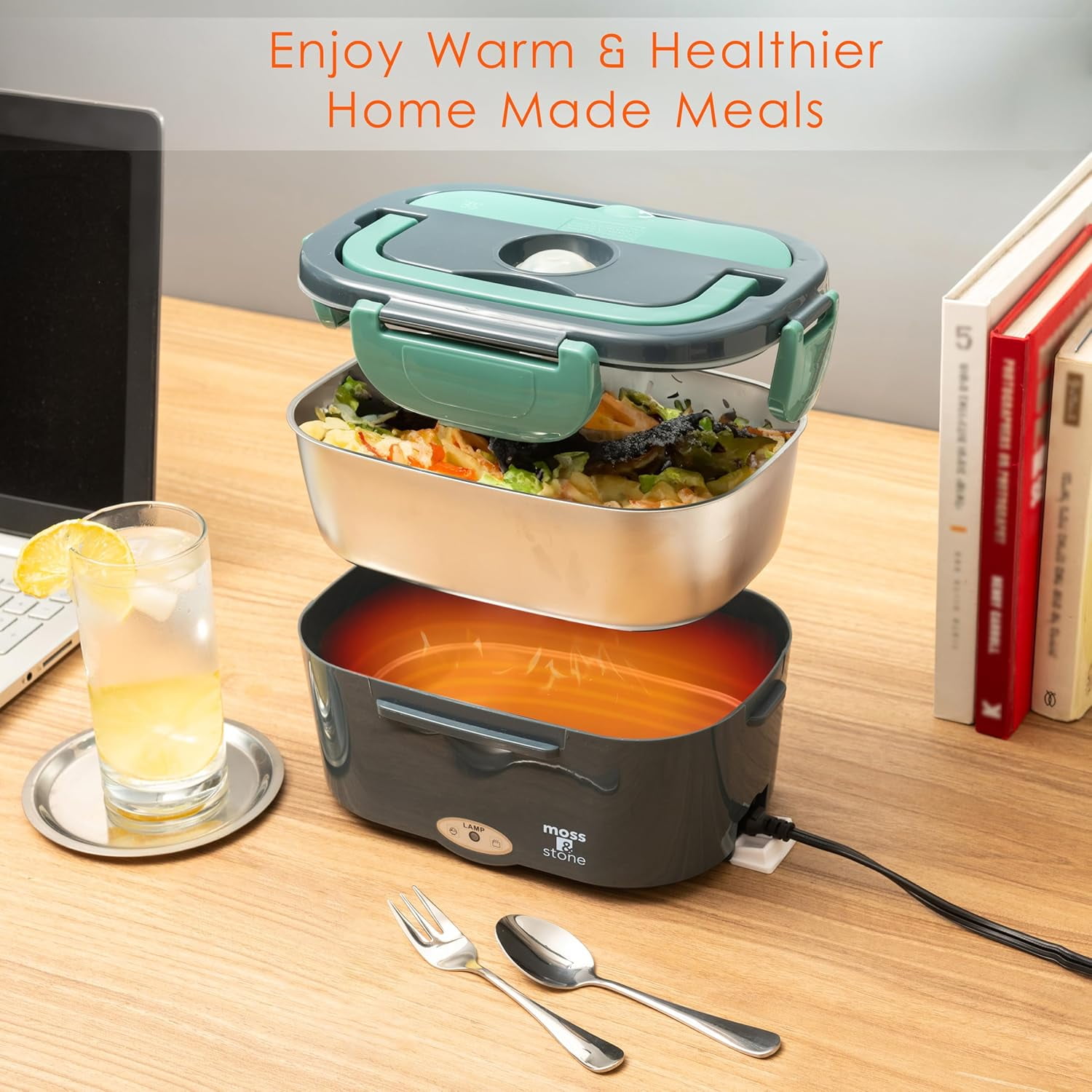 Moss & Stone Electric Lunch Box Food Heater for Adults Green & Gray Food Warmer Lunch Box, 12/24/110v Lunch Box Warmer Portable For Work/Car/Truck, Fork & Spoon & 1.5L Removable S.S Container