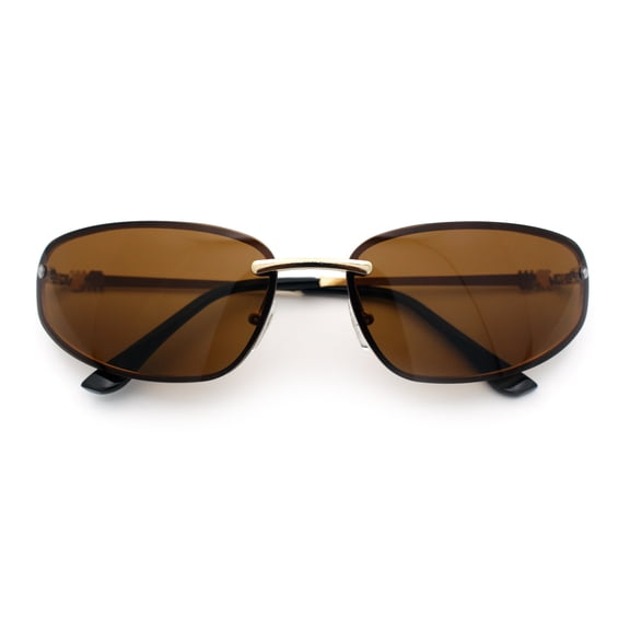 Rimless Narrow Rectangle Wrap Luxury Metal Rim Oversized Sunglasses Gold - Brown
