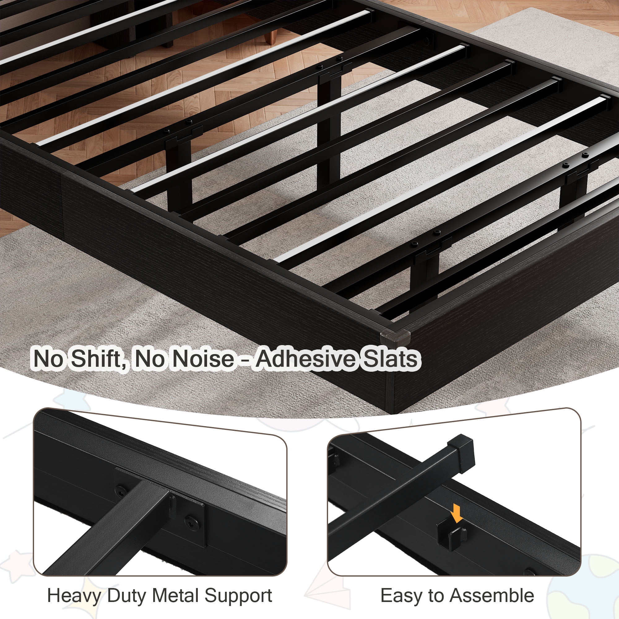 Einhomn Twin Size Floating Bed Frame with  LED Lights & Charging Station,Wood Platform Bed Frame with Storage Headboard,Noise Free,No Box Spring Needed,Easy to Assemble-Black