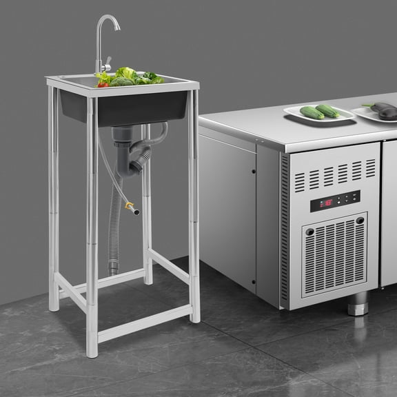 Commercial Freestanding Kitchen Utility Sink, Outdoor Utility Sink with Single Bowl, 360° Rotatable Faucet & Silent Pad, Portable Sinks for Restaurant Cafe Bar