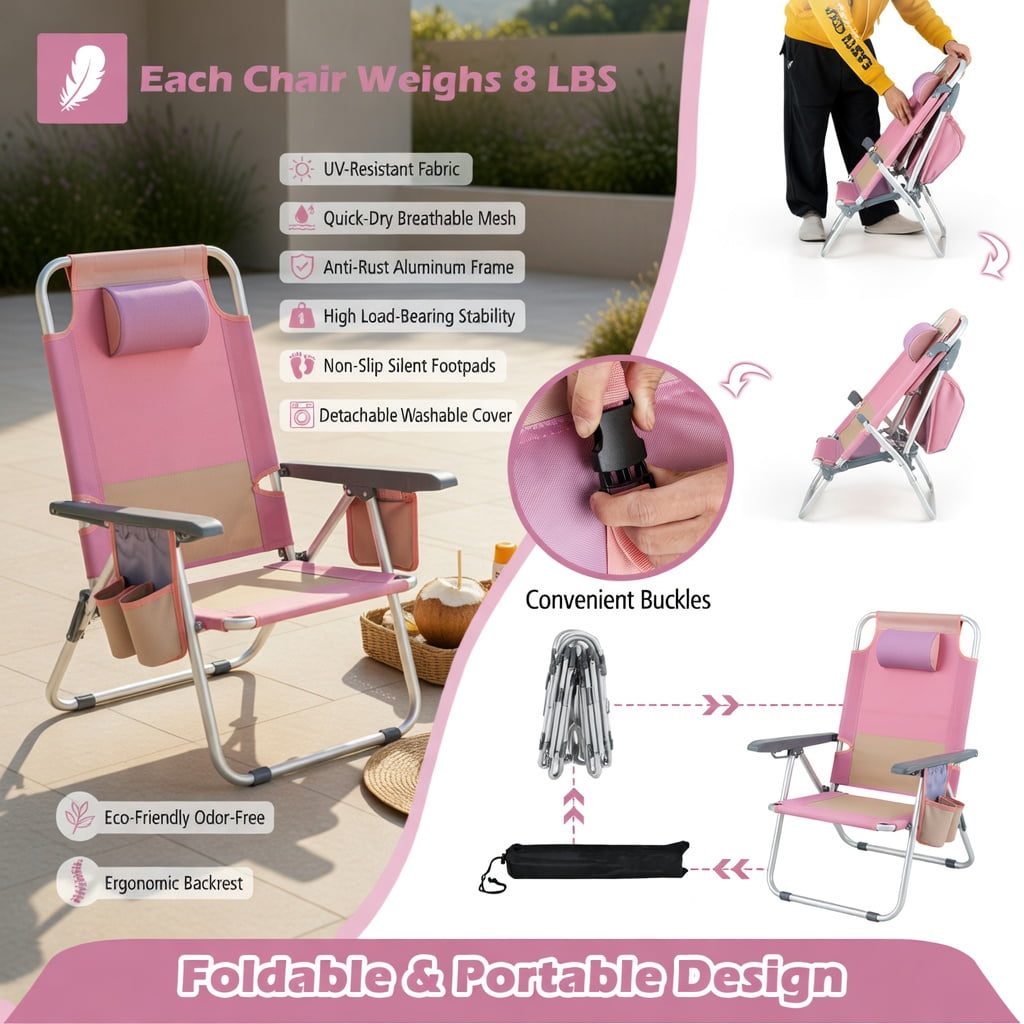 Hommoo 2-Pack Adjustable 5-Position Aluminum Beach Chair Set with Folding Side Table, Lightweight Portable Camping & Outdoor Reclining Chairs, Pink