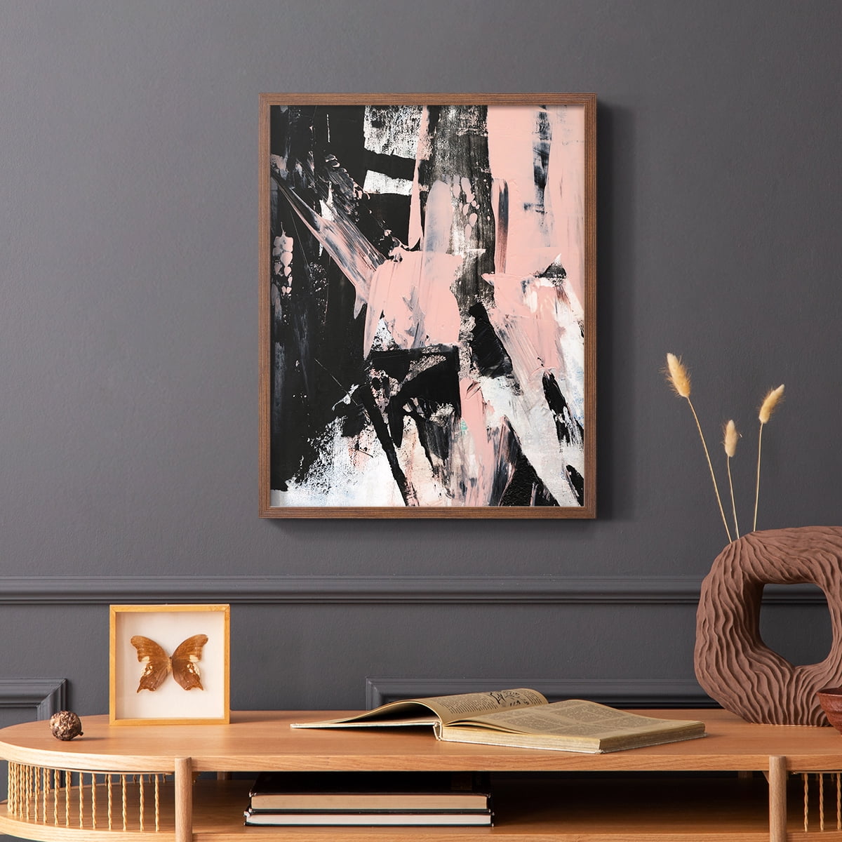 Black & Blush II Framed Print in Brown Solid Wood Framed Print No Nail Hanging