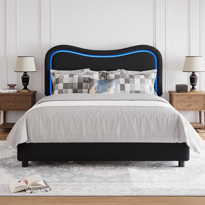 Kicctian Queen size Boucle Bed Frame with LED Headboard & 2 Storage Drawers - Upholstered Platform, Solid Wood Slats,Black