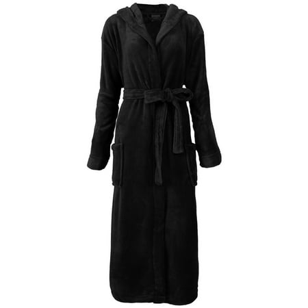 EPYA Men's Coral Fleece Long Hooded Bathrobe Robe Dressing Gowns Black