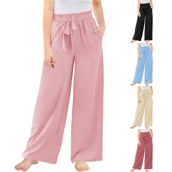 LIIPEE Palazzo Pants For Girls Baggy Wide Leg Elastic Smocked Waist Casual Long Trousers Kids Flowy Comfortable Breathable Cute Daily Pants,13-14 Years