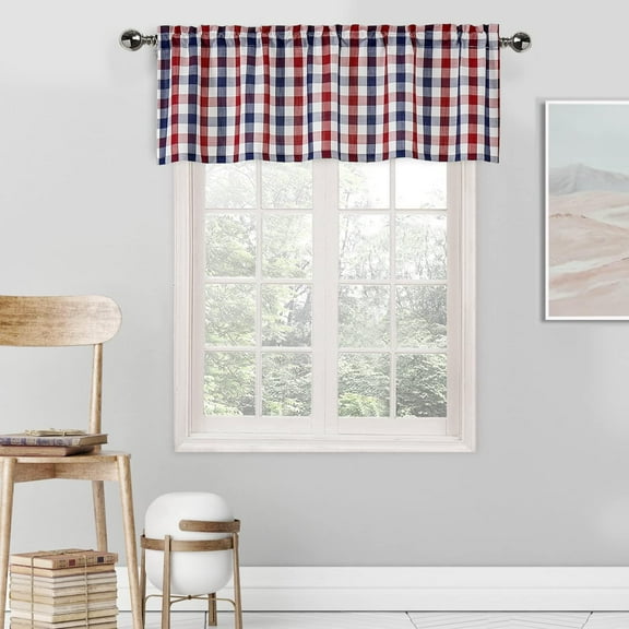 Buffalo Plaid Valance Farmhouse Kitchen Curtain Linen White Sheer Check Rod Pocket Rustic Window Treatment for Living Room Kitchen,1 Panel,55''''x15'''',Navy-Red