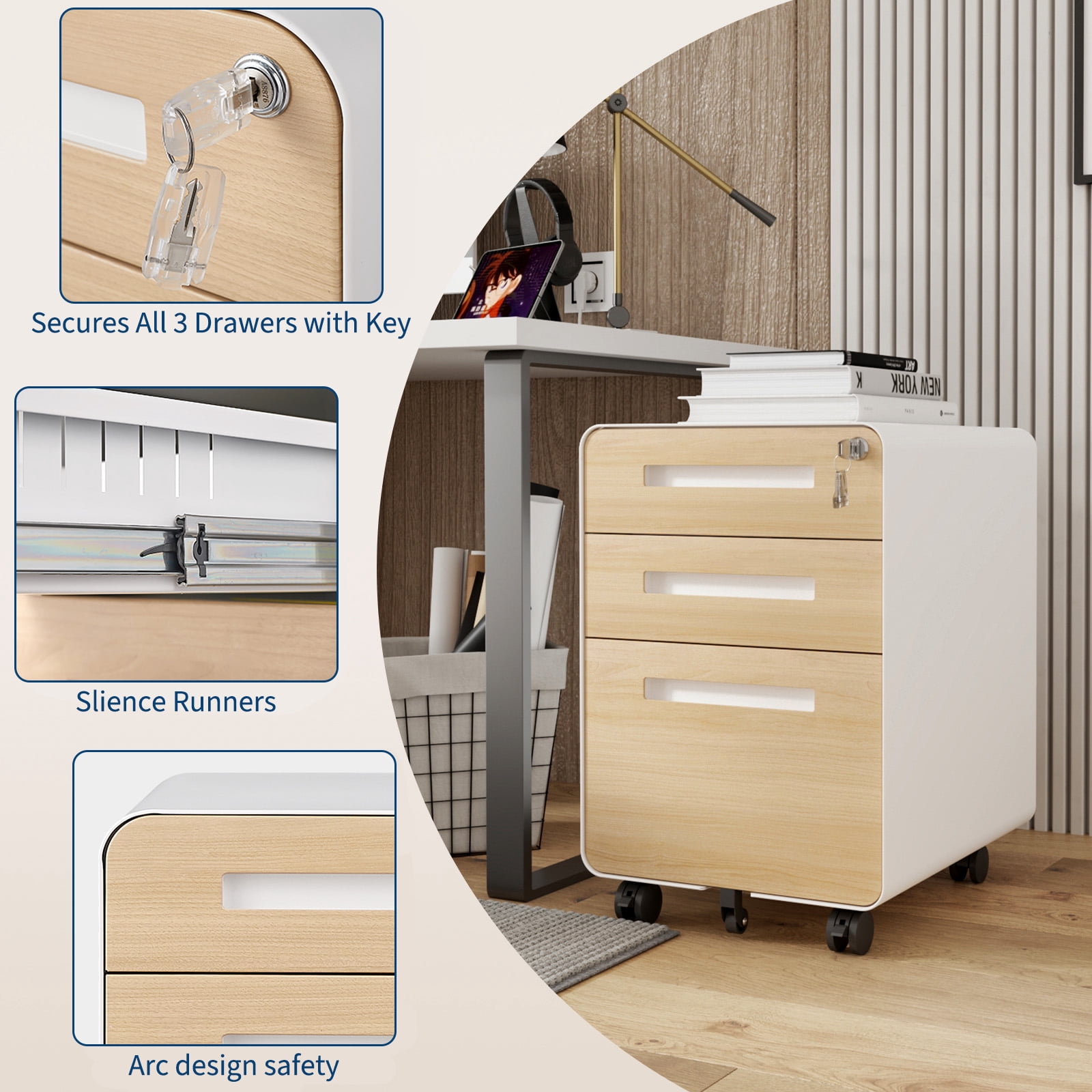 Towallmark Secure 3 Drawer Metal File Cabinet with Lock – Fully Assembled Mobile Filing Cabinet for Home Office, Anti-Tilt 5 Wheels, Under Desk Storage for A4/Letter/Legal Size – Wood Grain