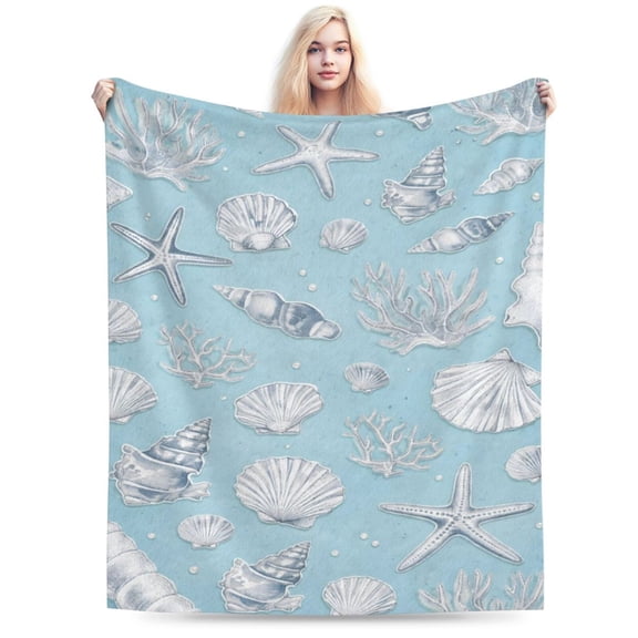 Coastal Seashell Pattern Throw Blanket, Soft Cozy Decorative Blanket for Sofa Couch Bed, Elegant Beach-Inspired Home Decor 50x40