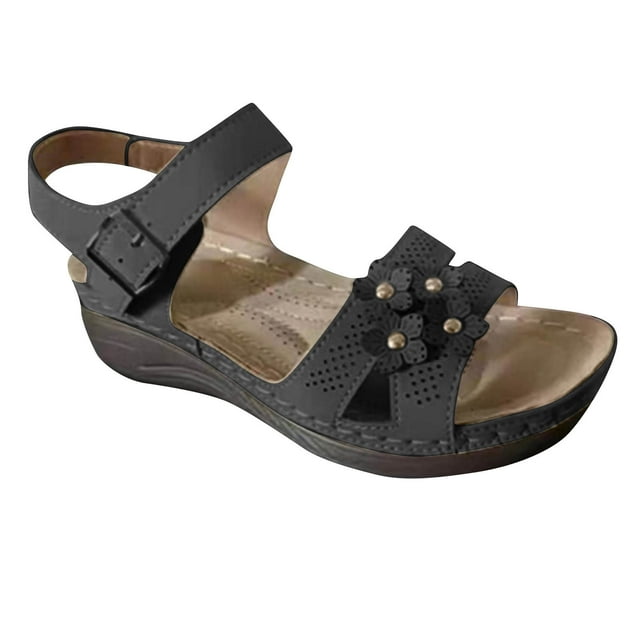 Hyknon Sandals for Women Summer New Foreign Trade Large Size Wedge With Fish Mouth Solid Color Large Size One Line Buckle Beach Sandals Arch Support Comfortable Sandals