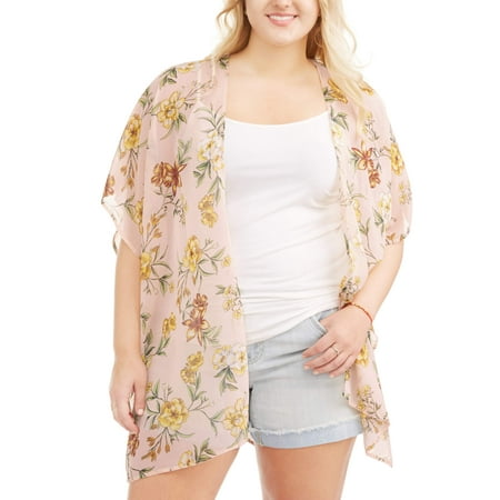 Junior's Plus Floral Print Kimono with Crochet Trim