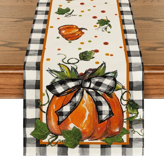 Pumpkin Bow Buffalo Plaid Fall Table Runner, 13x72 Inch Seasonal Autumn Kitchen Dining Table Decoration for Home Party Decor