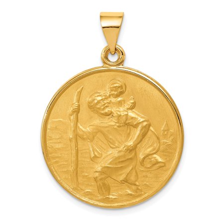 Gold Saint Christopher Medal Necklace for Protection Satin Finish Religious Pendant for Travel Guardian Catholic Jewelry Spiritual Medallion Charm Design Yellow Gold Faith Necklace for Men or Women